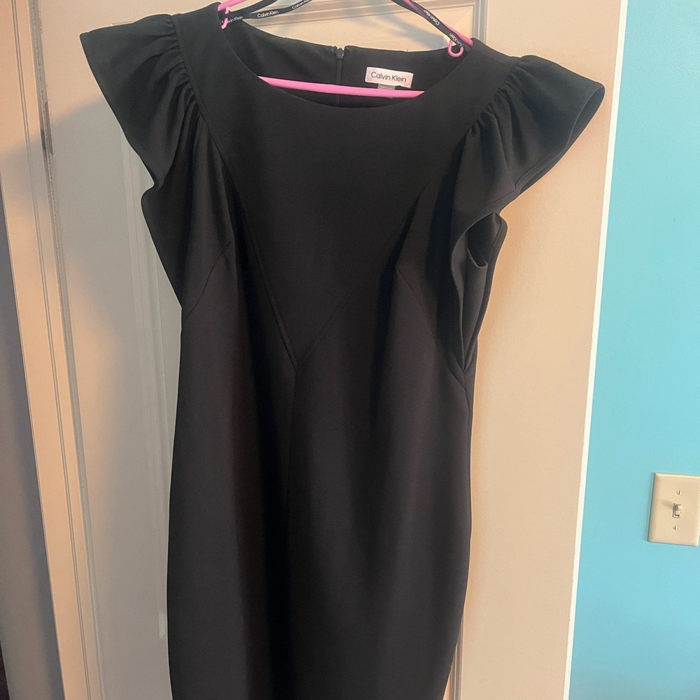 Calvin Klein Black Ruffled Cap Sleeve Mini Dress